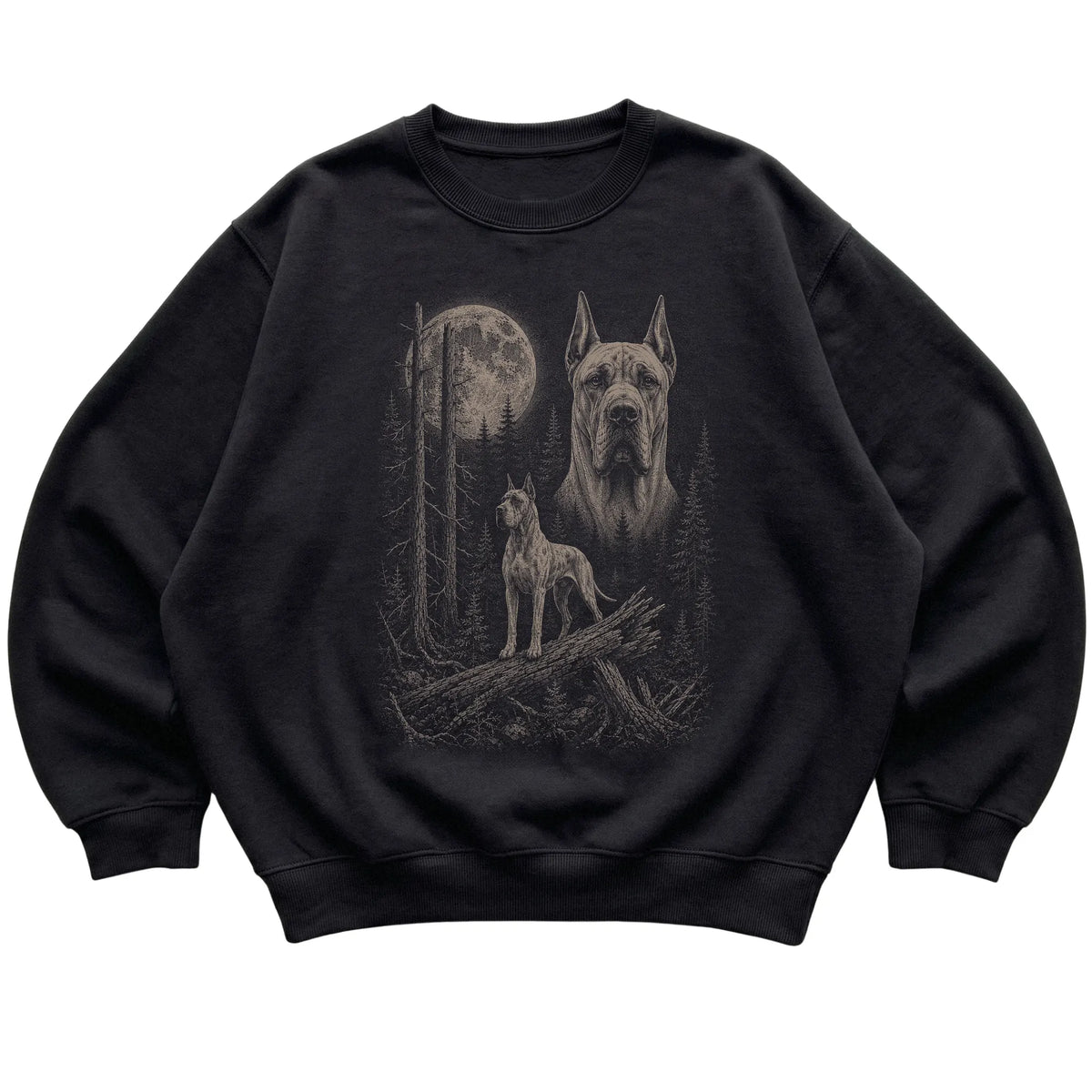 Great Dane Moonlit Forest graphic on a black crewneck sweatshirt laid flat