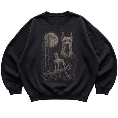 Great Dane Moonlit Forest graphic on a black crewneck sweatshirt laid flat