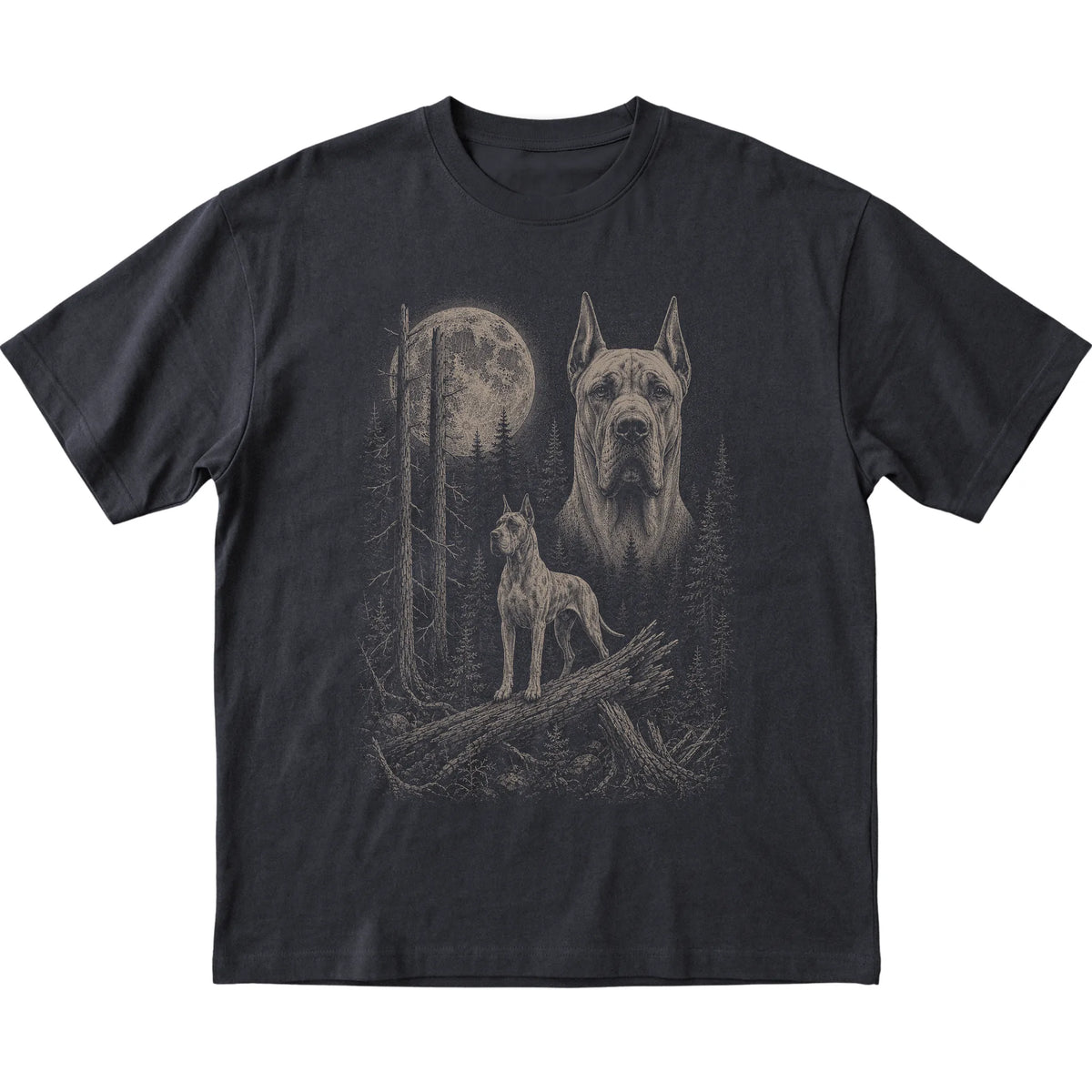 Great Dane Moonlit Forest graphic on a black Softstyle T-shirt laid flat
