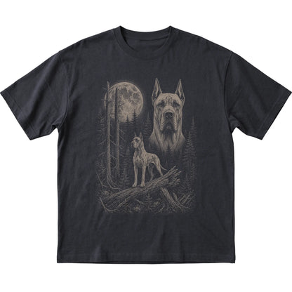 Great Dane Moonlit Forest graphic on a black Softstyle T-shirt laid flat