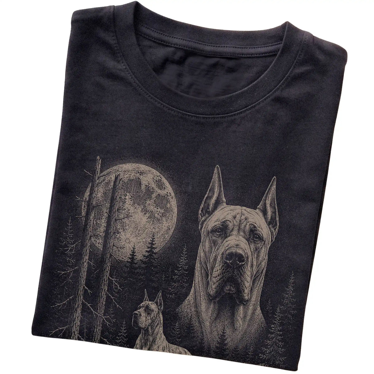 Folded black Softstyle T-shirt showing the Great Dane Moonlit Forest graphic