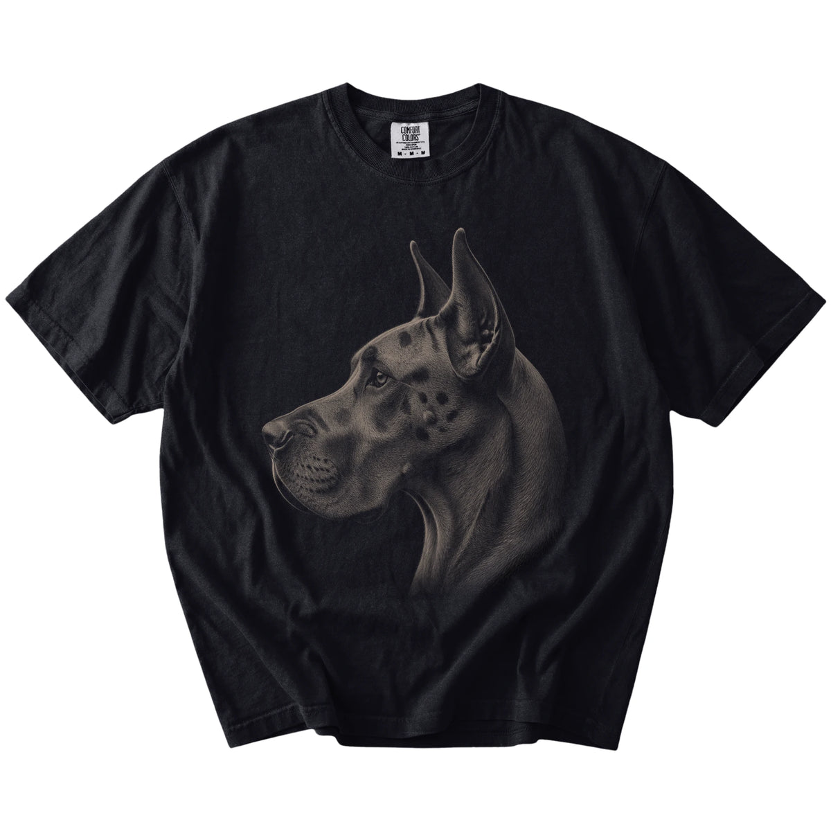 A detailed photographic portrait of a Great Dane on a Black Comfort Colors® T-shirt