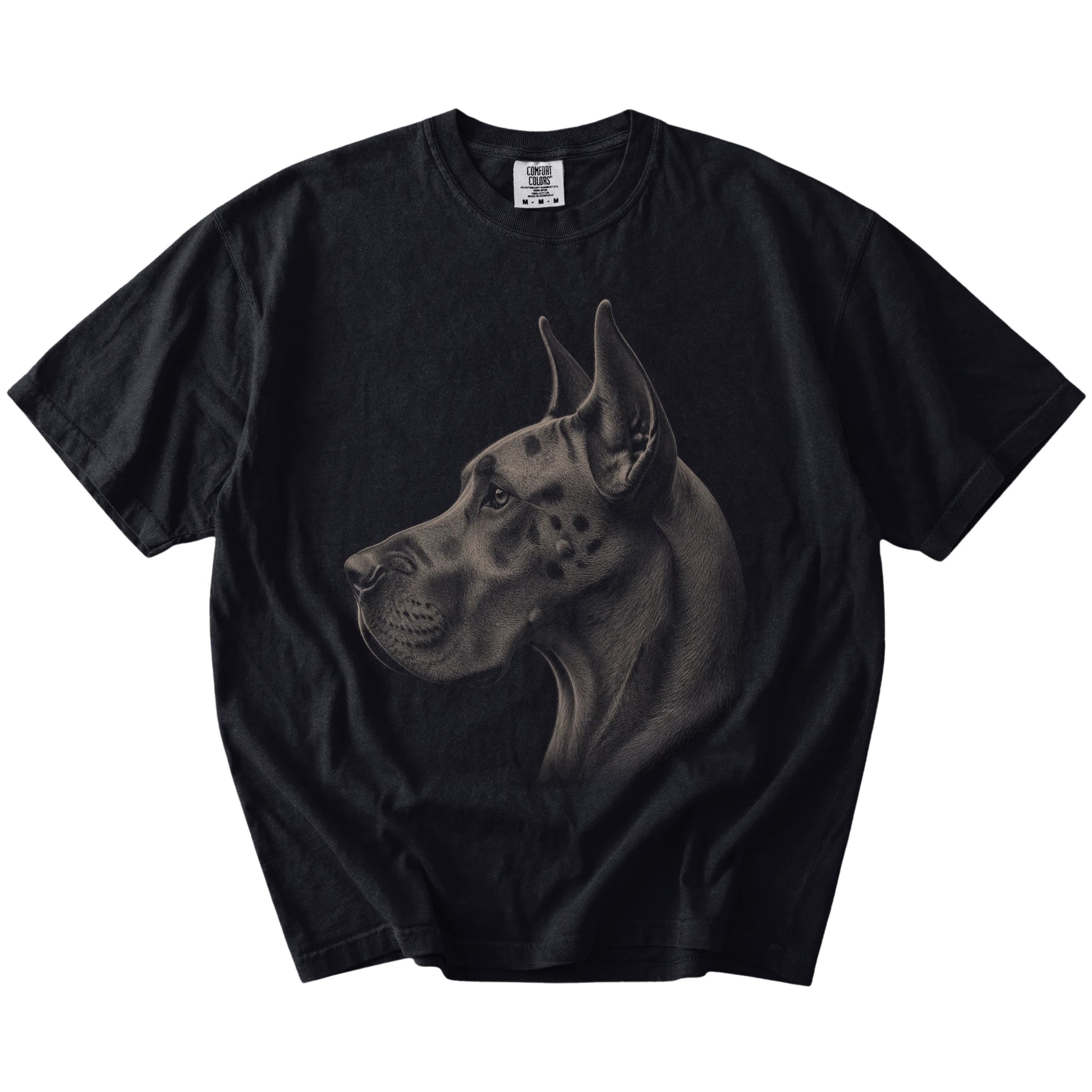 A detailed photographic portrait of a Great Dane on a Black Comfort Colors® T-shirt