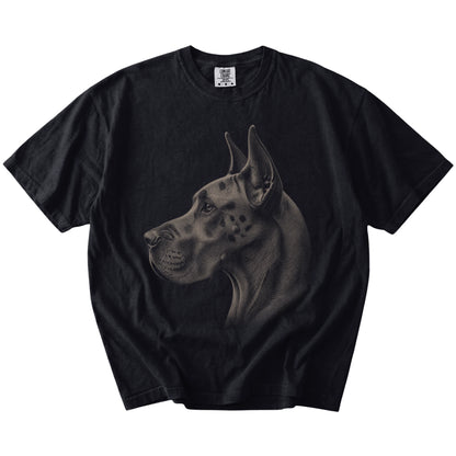 A detailed photographic portrait of a Great Dane on a Black Comfort Colors® T-shirt