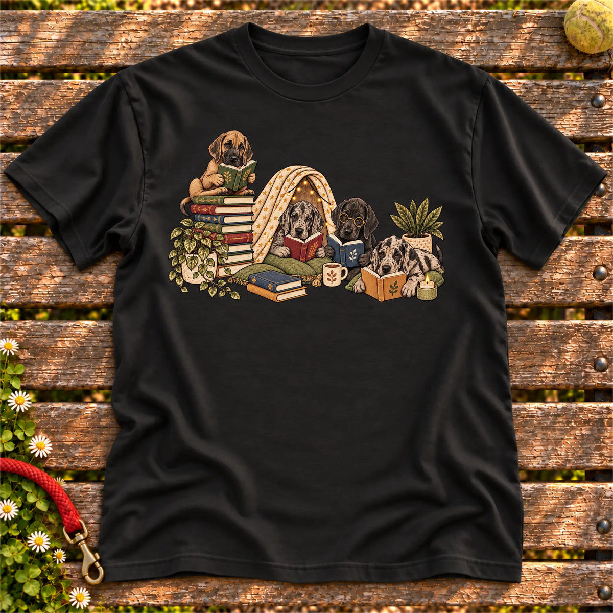 Great Dane puppies reading books in a cozy blanket fort on a Black T-shirt