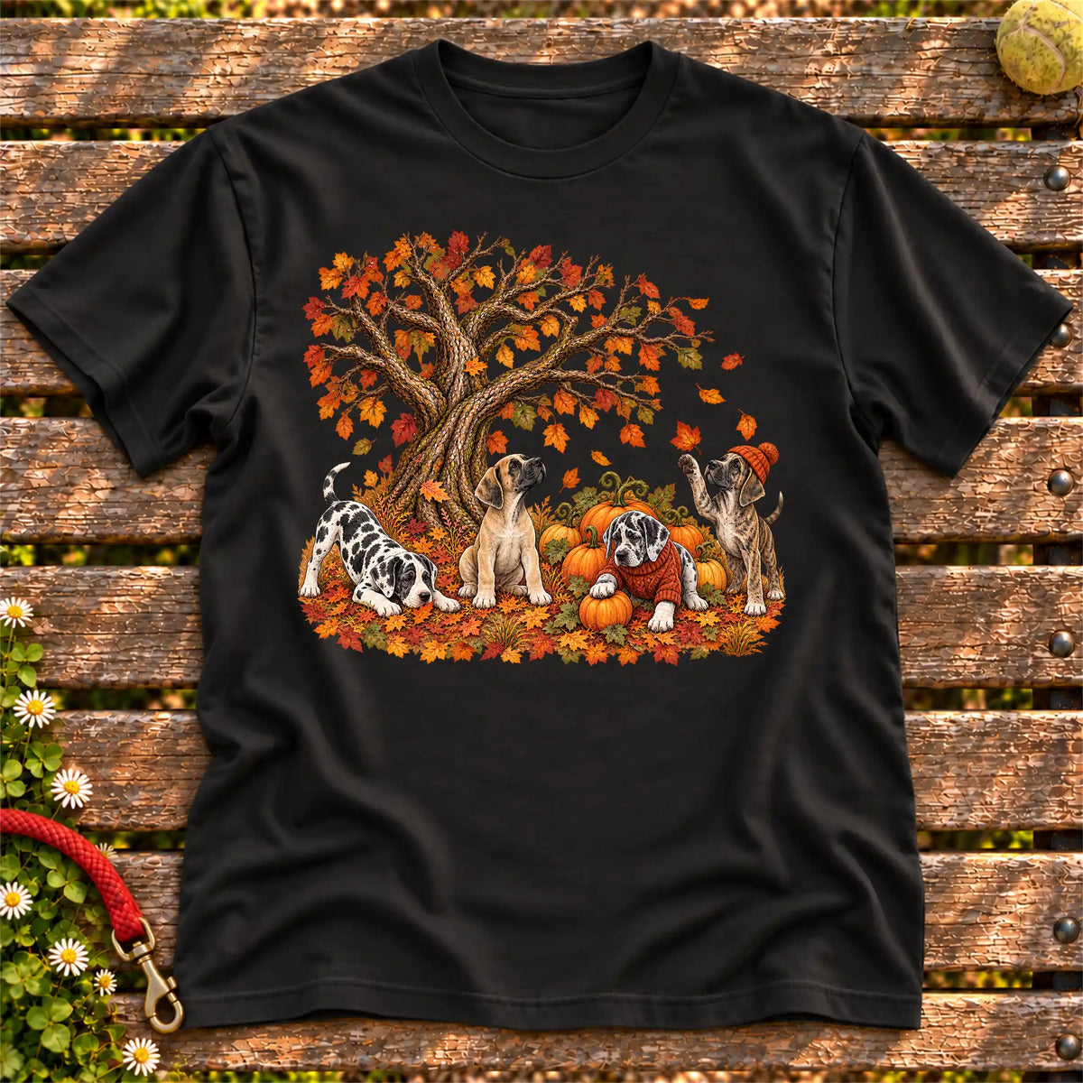 Four Great Dane puppies with pumpkins beneath an autumn tree on a Black softstyle T-shirt