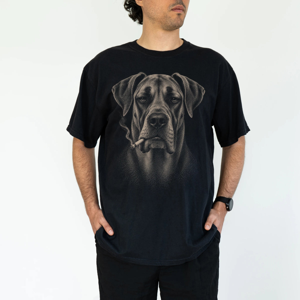 Model wearing a Great Dane smoking design on a Black t-shirt