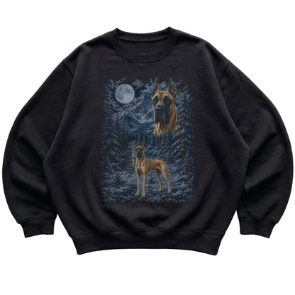 black sweatshirt with Great Dane Winter Moon artwork.