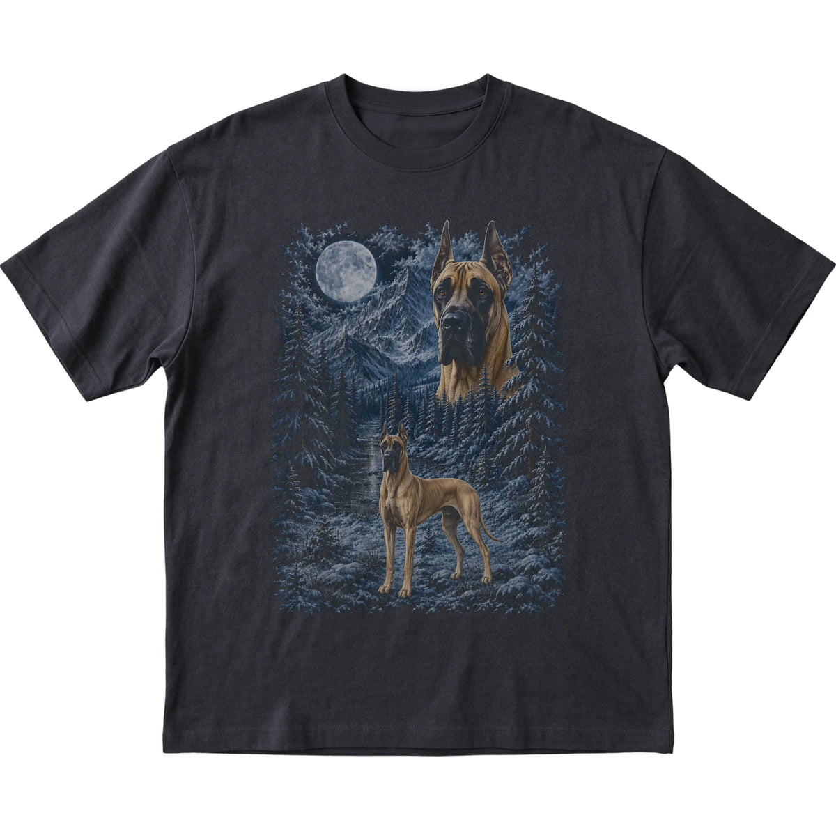 black T-shirt with Great Dane Winter Moon artwork.