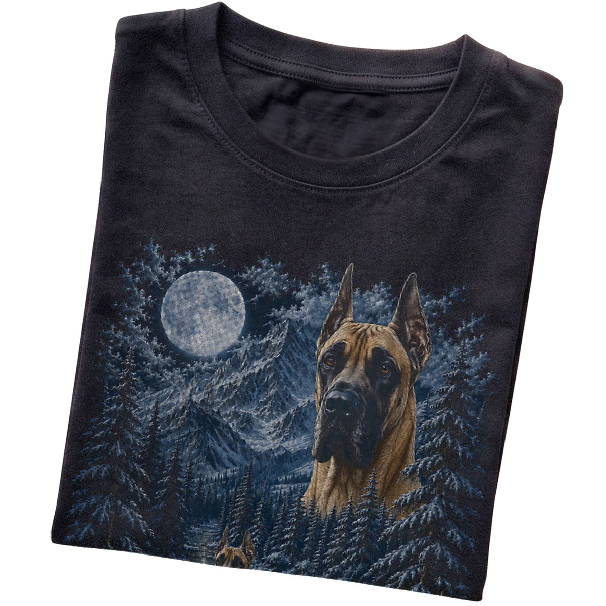 Folded black T-shirt with Great Dane Winter Moon artwork.