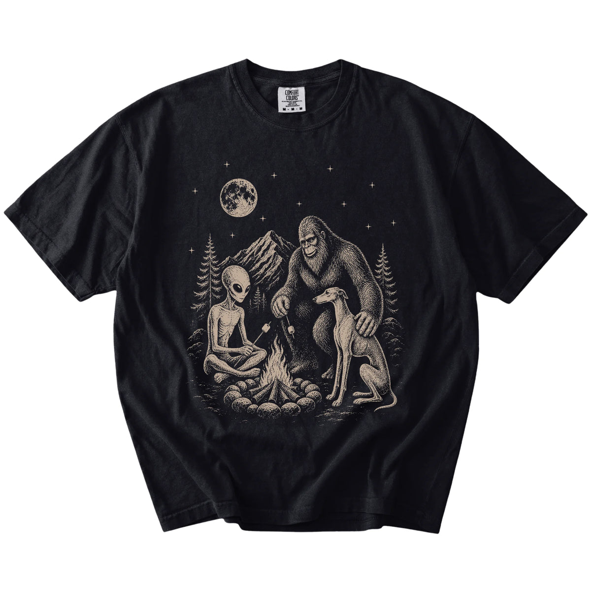 Greyhound camping with Bigfoot and an alien on a Black Comfort Colors® T-shirt