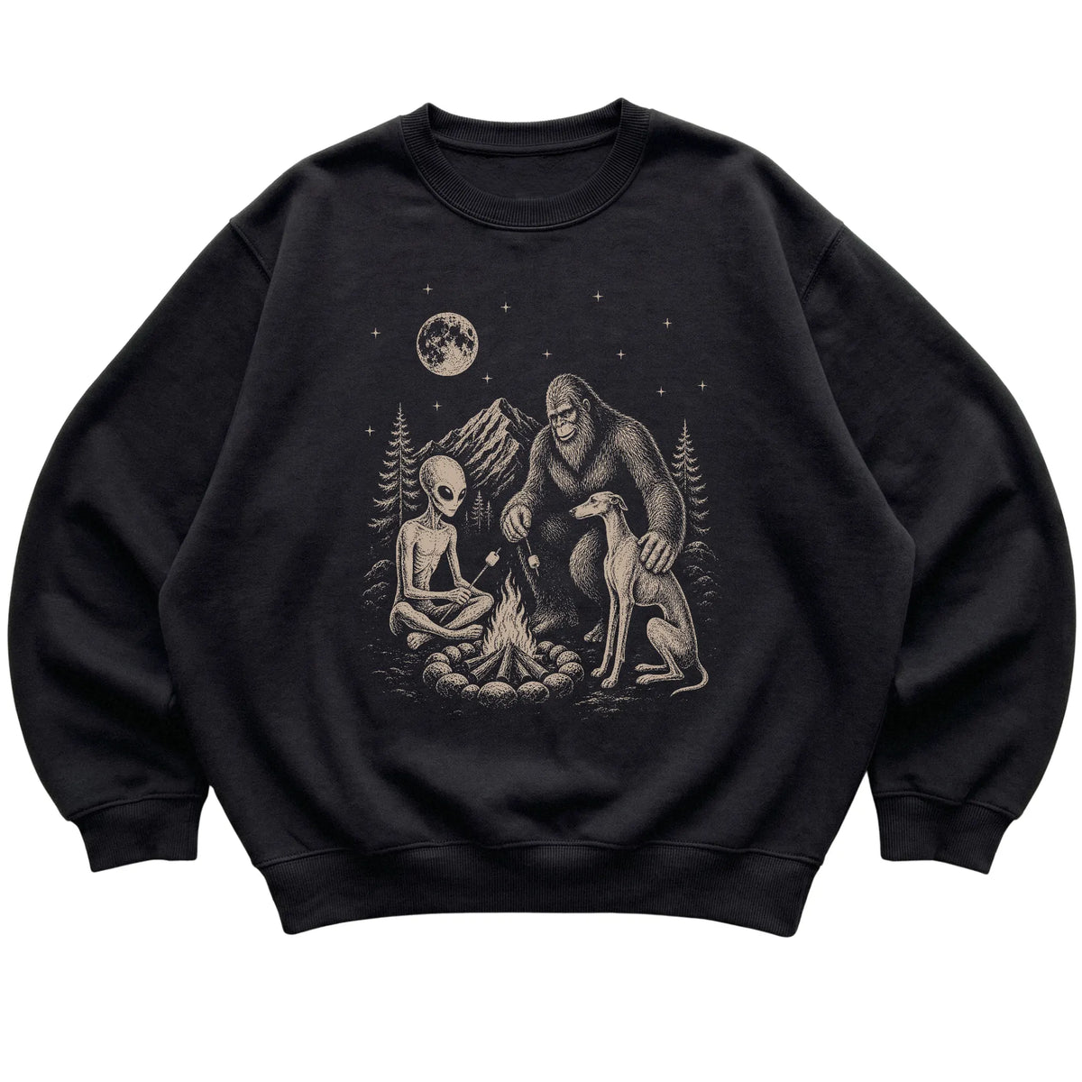 Black Greyhound Camping with Bigfoot and Alien shirt laid flat