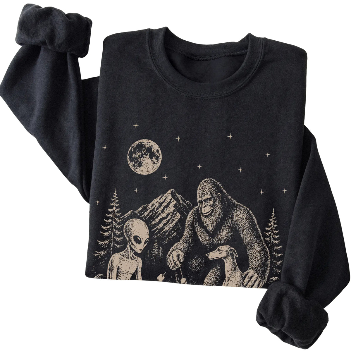 Black Greyhound Camping with Bigfoot and Alien folded detail view