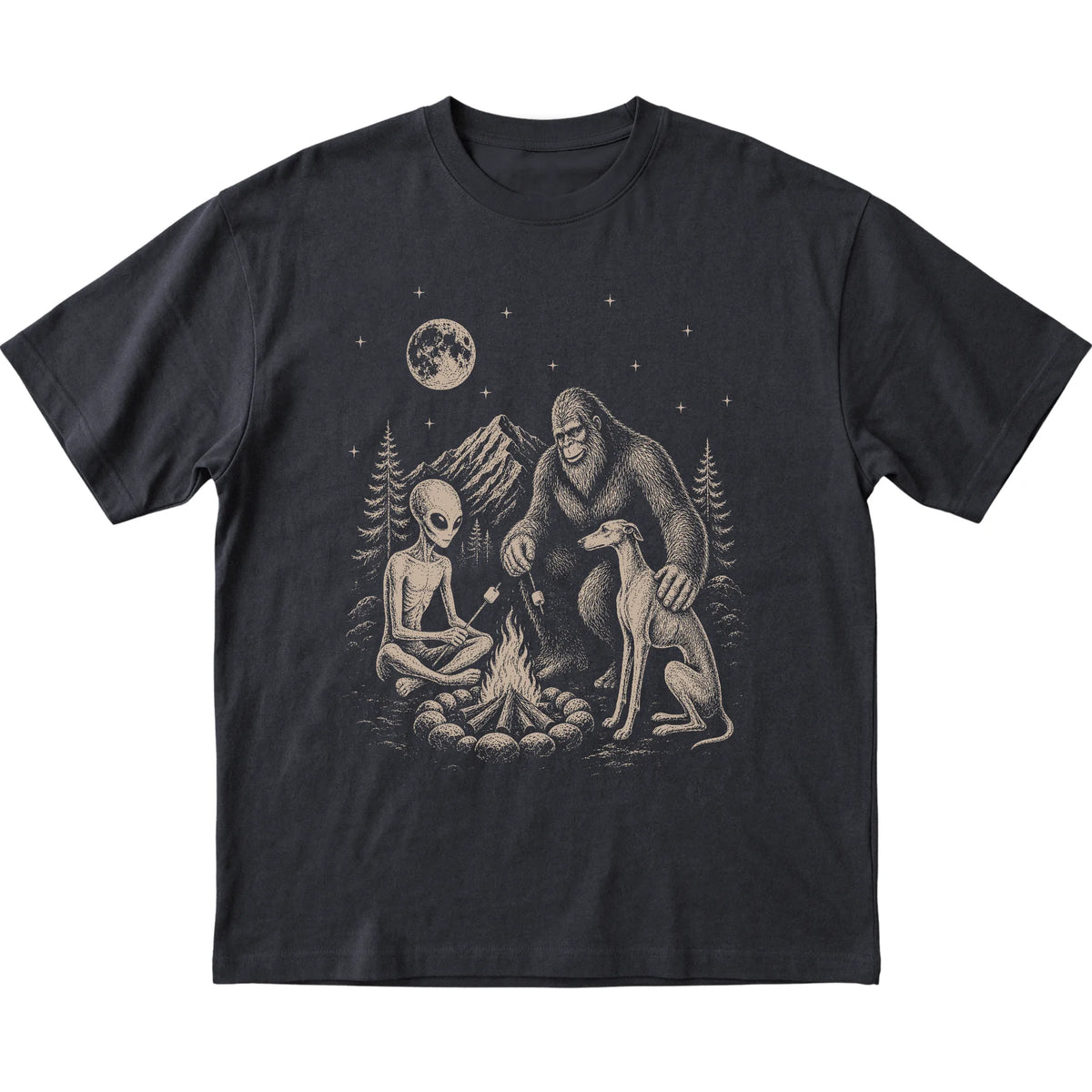 Black Greyhound Camping with Bigfoot and Alien shirt laid flat