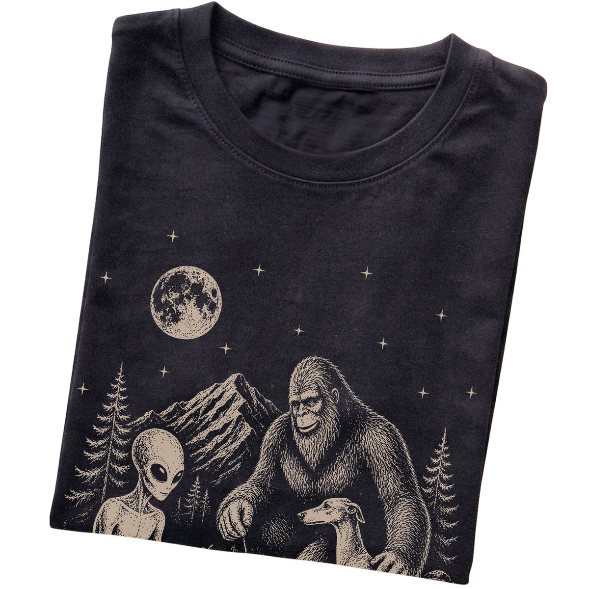 Black Greyhound Camping with Bigfoot and Alien folded detail view