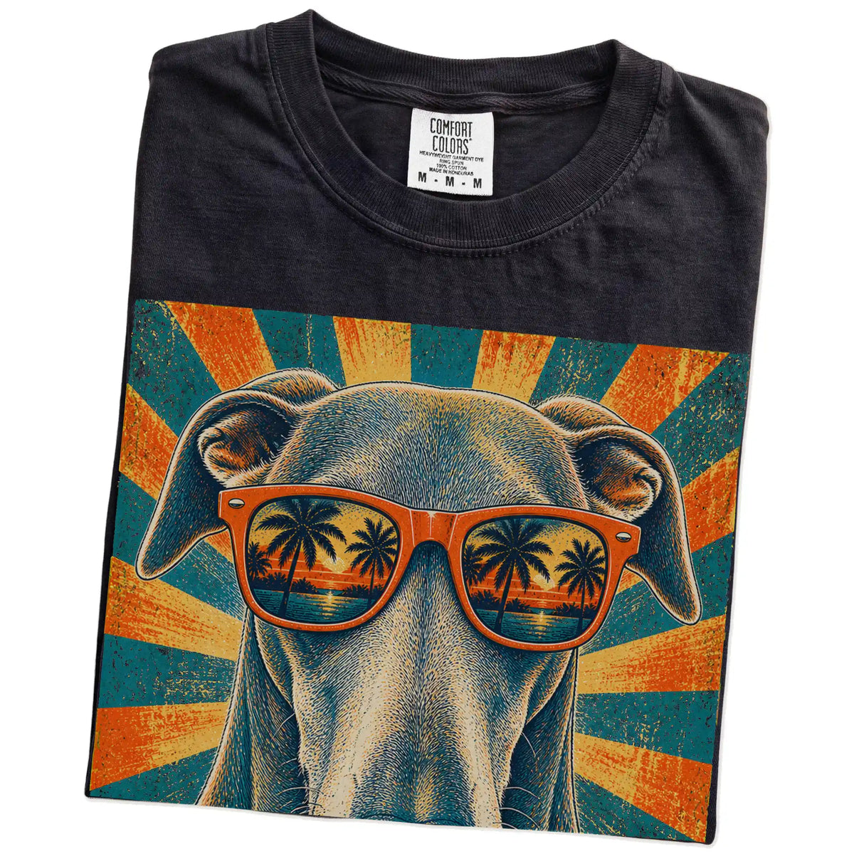 Retro Greyhound Dad design on a Black Comfort Colors T-shirt folded detail