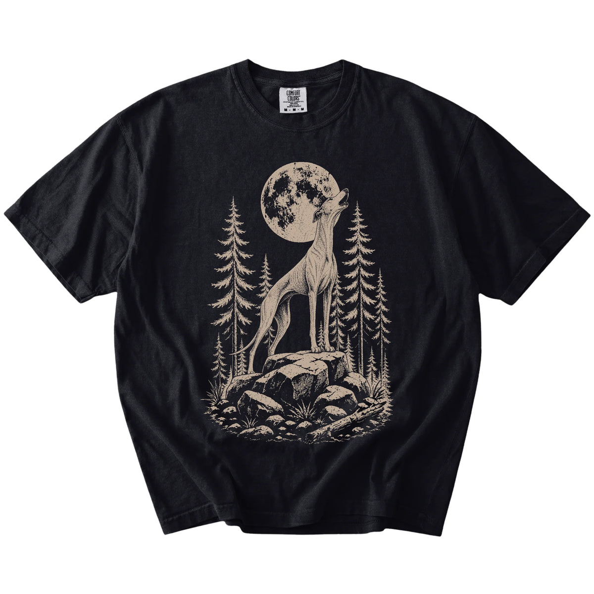 Greyhound howling beneath the moon and pine trees on a Black Comfort Colors® T-shirt