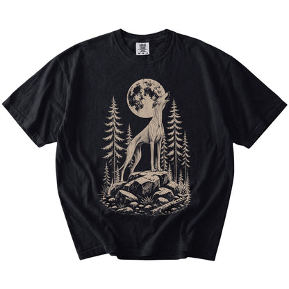 Greyhound howling beneath the moon and pine trees on a Black Comfort Colors® T-shirt