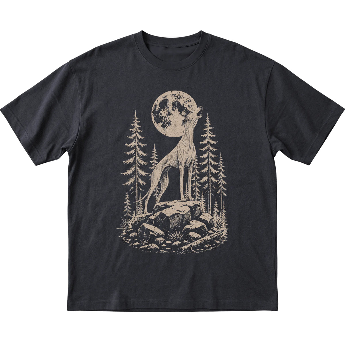 Close view of Greyhound Howling at the Moon artwork on Black softstyle T-shirt