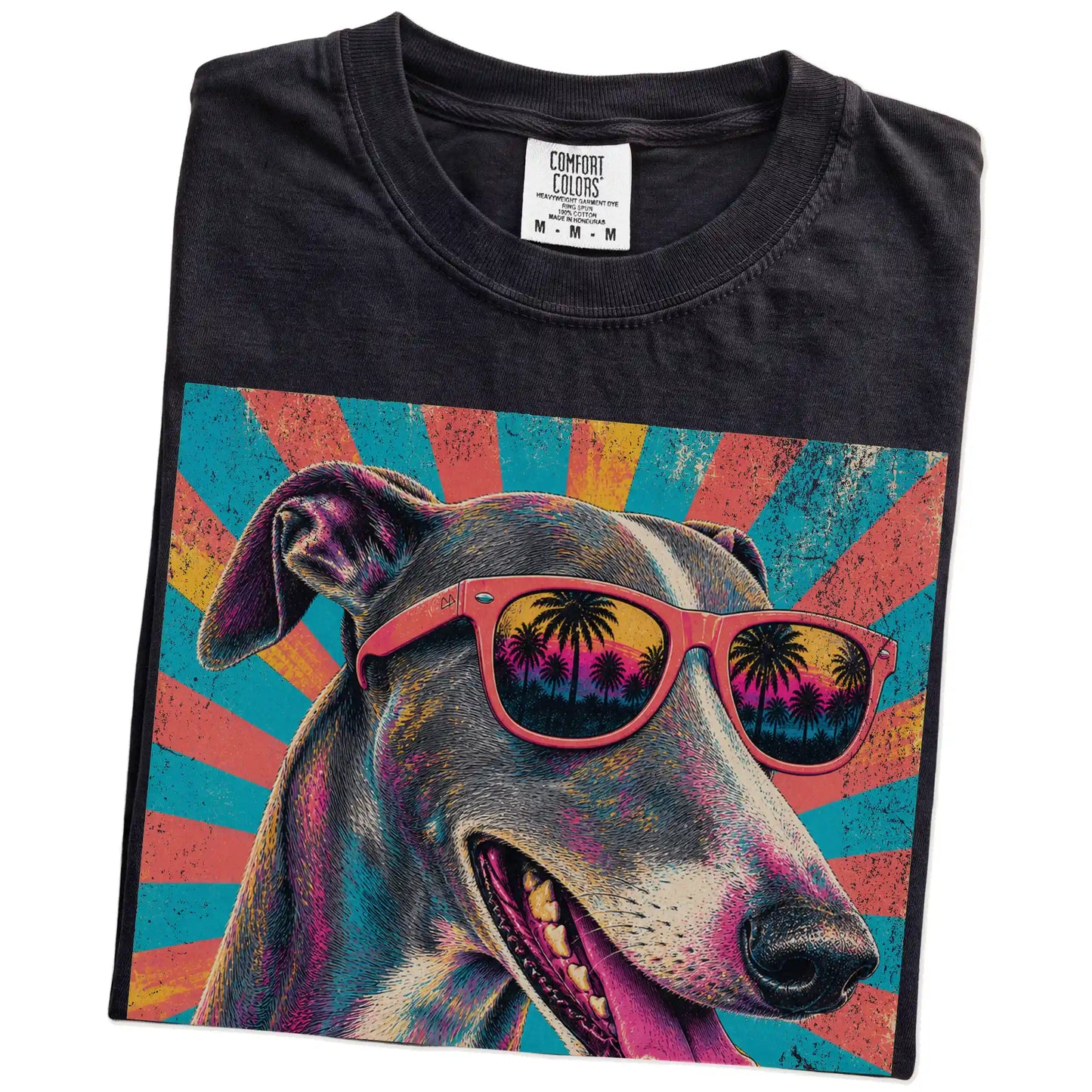 Retro Greyhound Mama design on a Black Comfort Colors T-shirt folded detail