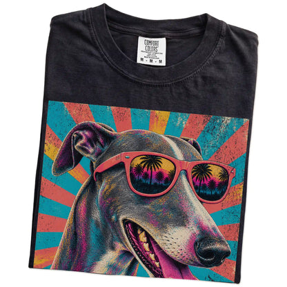 Retro Greyhound Mama design on a Black Comfort Colors T-shirt folded detail