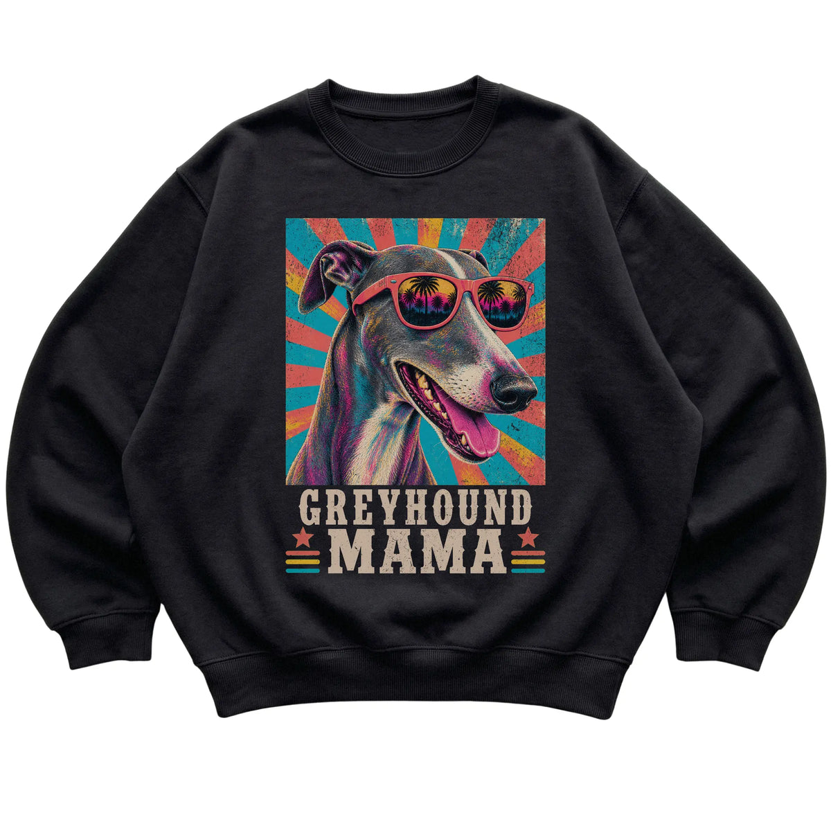 Retro Greyhound Mama design on a Black crewneck sweatshirt