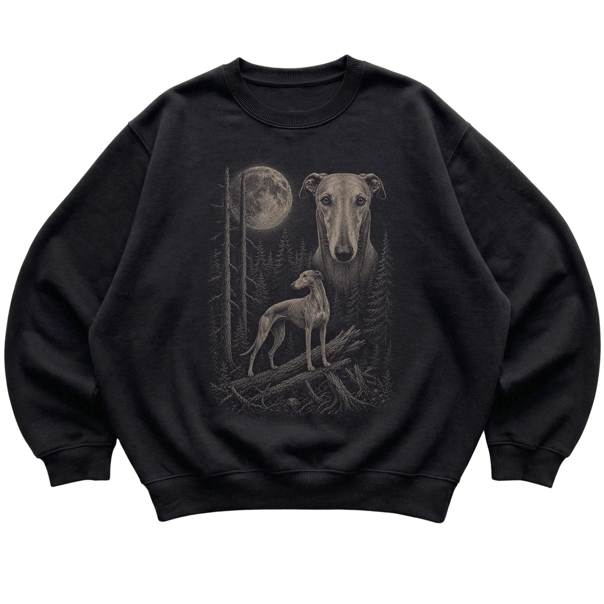 Greyhound Moonlit Forest graphic on a black crewneck sweatshirt laid flat