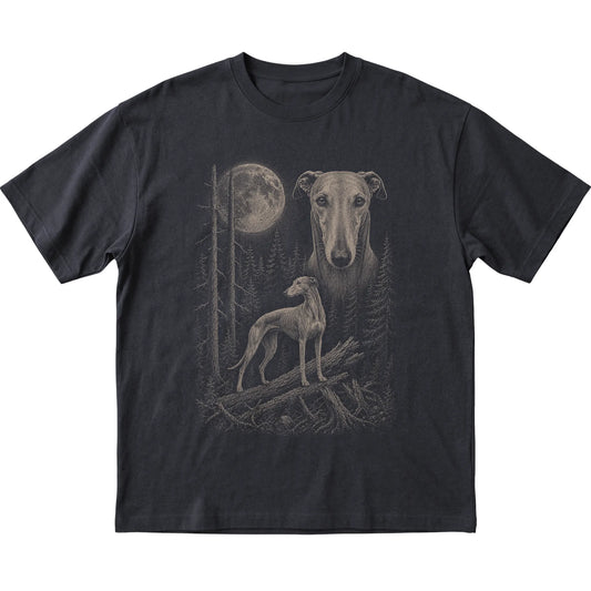 Greyhound Moonlit Forest graphic on a black Softstyle T-shirt laid flat