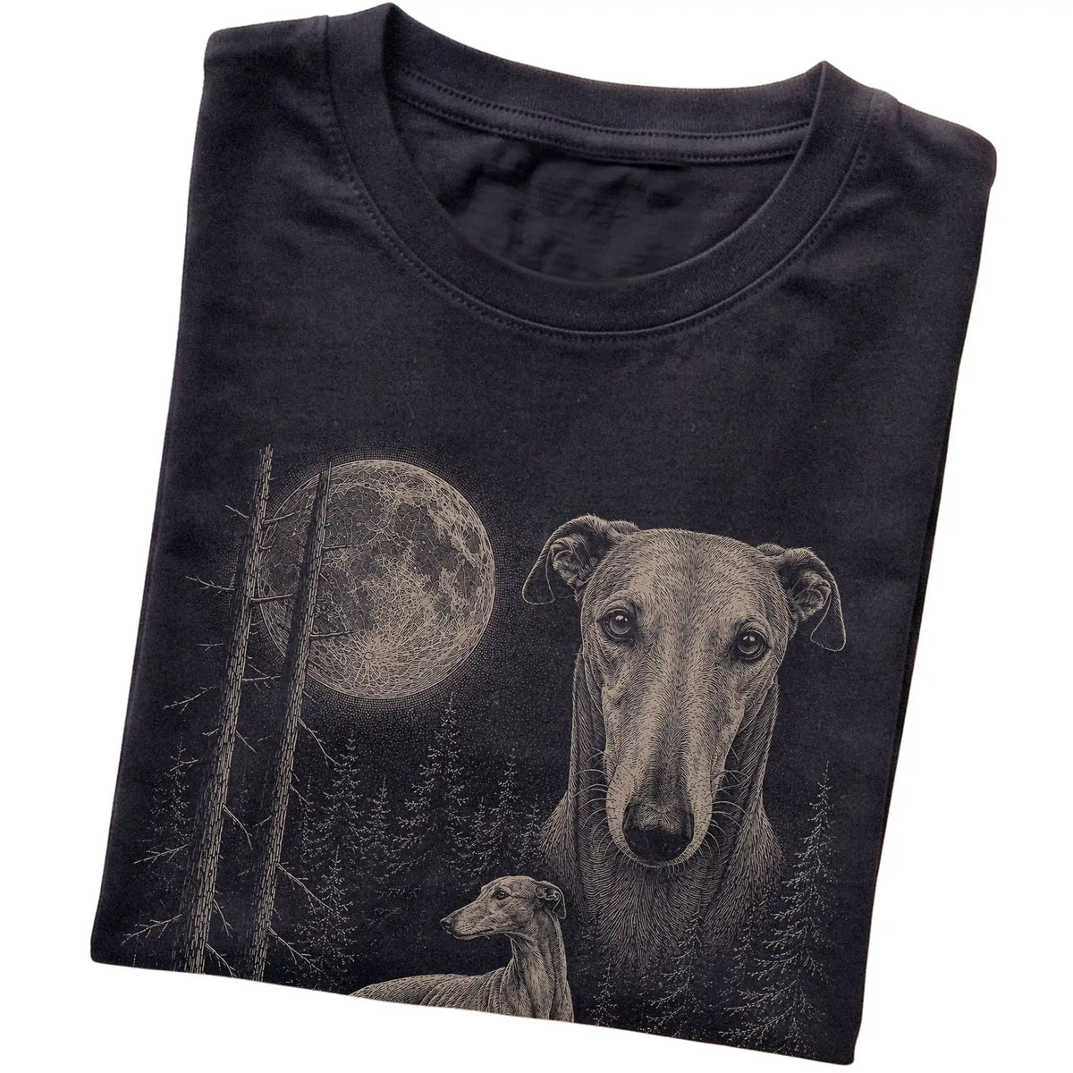 Folded black Softstyle T-shirt showing the Greyhound Moonlit Forest graphic