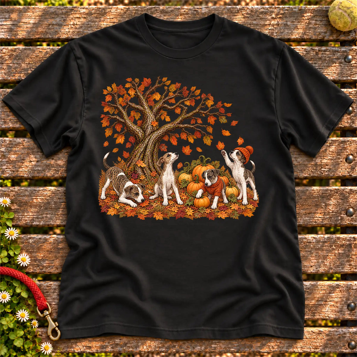 Four Greyhound puppies with pumpkins beneath an autumn tree on a Black softstyle T-shirt
