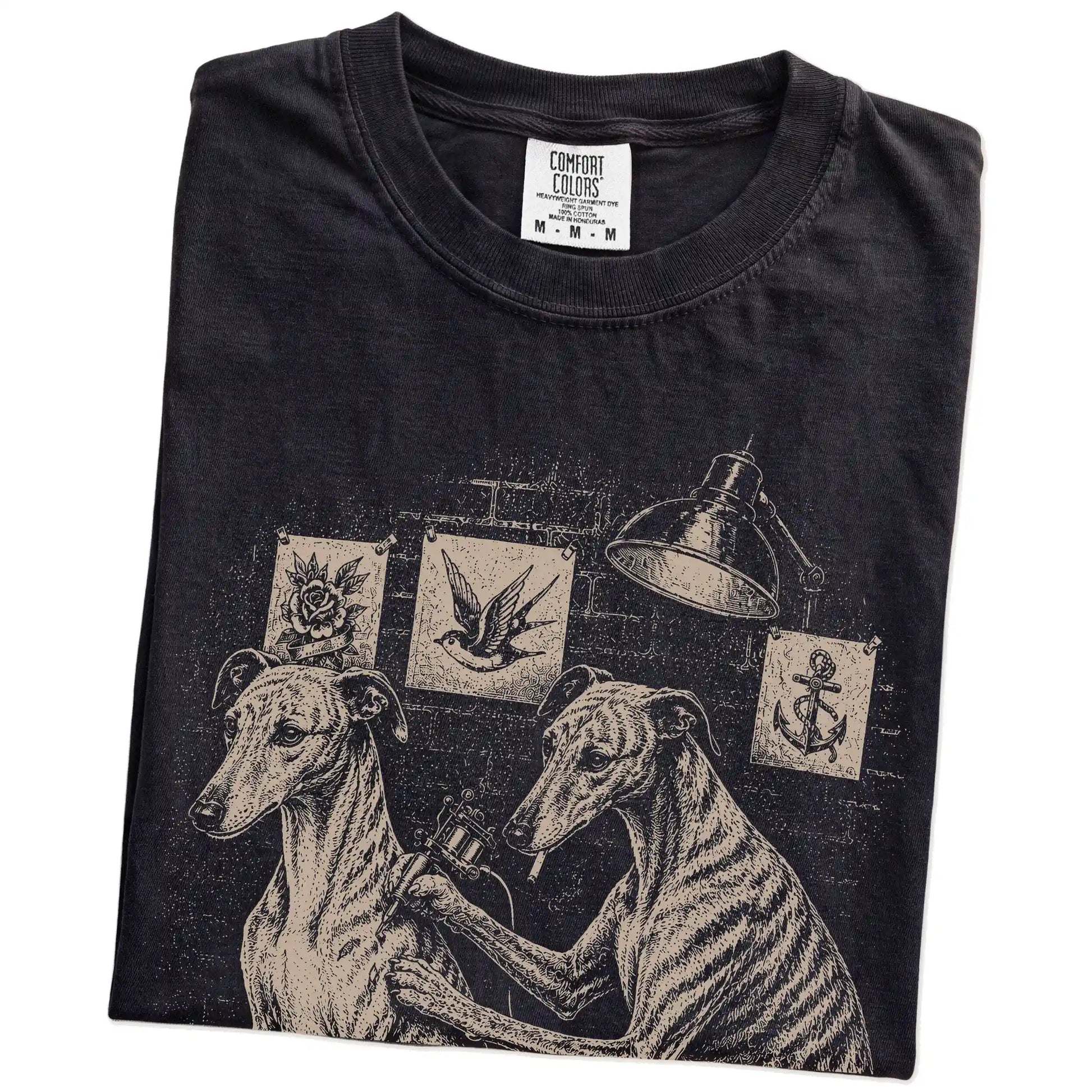 Folded Black Greyhound Tattoo t-shirt showing the graphic