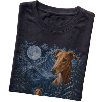 Folded black T-shirt with Greyhound Winter Moon artwork.