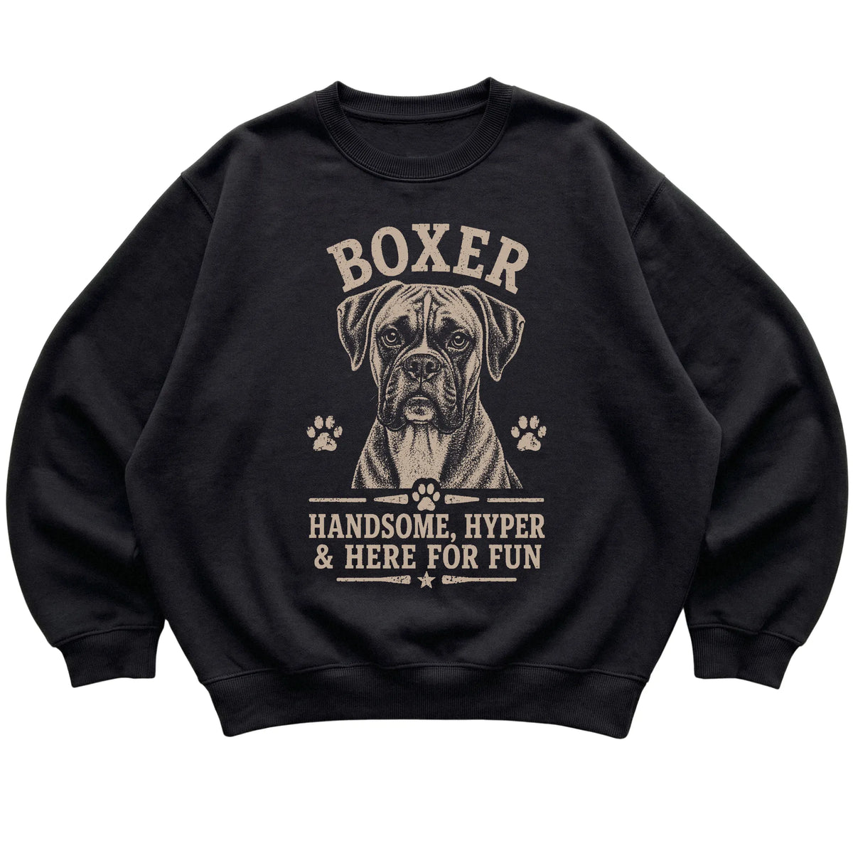 Black crewneck sweatshirt featuring Handsome, Hyper & Here For Fun - Boxer, laid-flat presentation