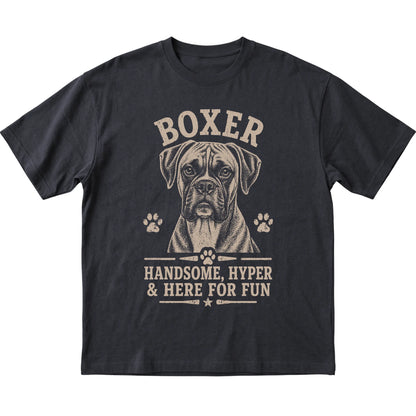 Black T-shirt featuring Handsome, Hyper & Here For Fun - Boxer, laid-flat presentation