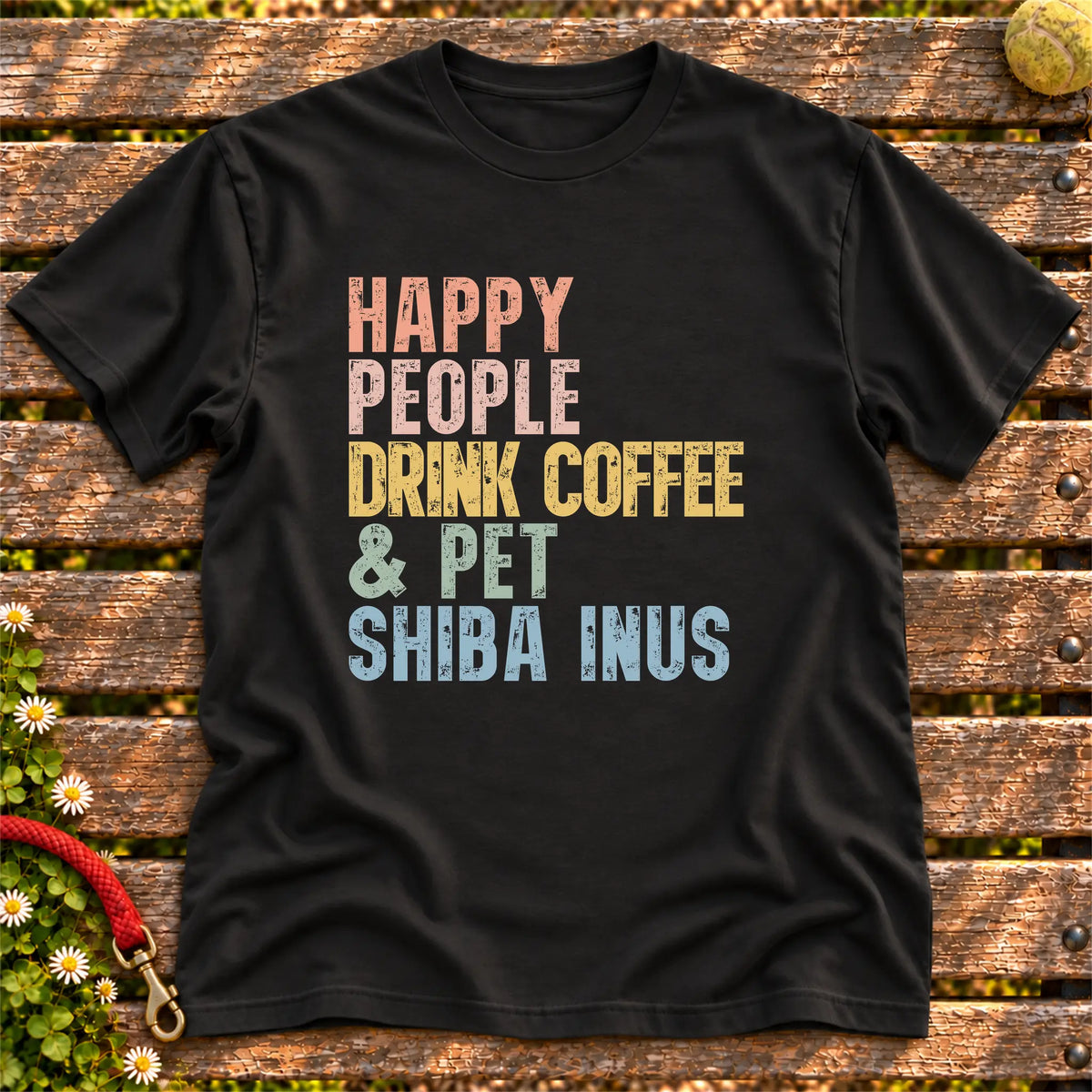 “Happy people drink coffee & pet Shiba Inus” text on a Black T-shirt
