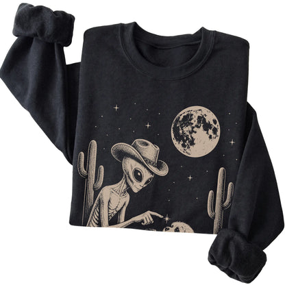 Black crewneck sweatshirt featuring Havanese Cowboy and Alien, folded presentation