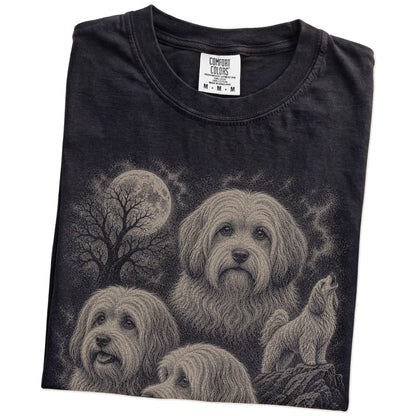 Folded Black Comfort Colors® T-shirt showing a vintage moon montage featuring Havanese