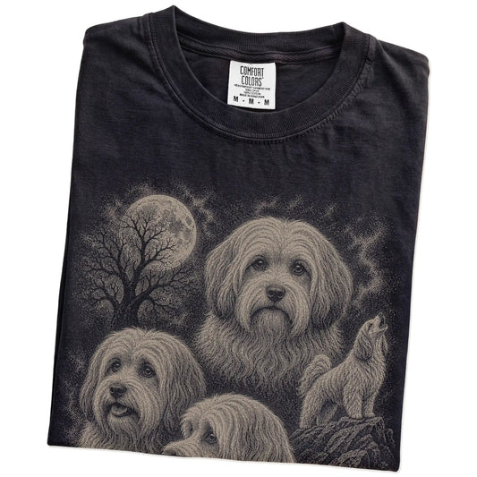 Folded Black Comfort Colors® T-shirt showing a vintage moon montage featuring Havanese