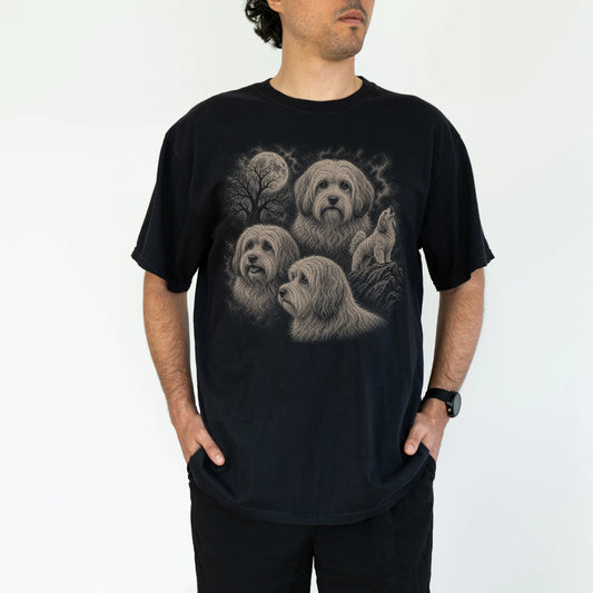 Model wearing a Black Comfort Colors® T-shirt with a vintage moon montage featuring Havanese
