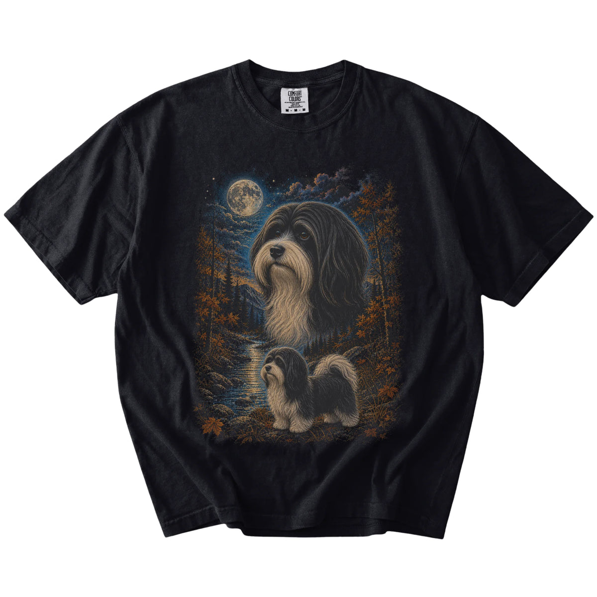 black T-shirt with Havanese Autumn Moon artwork.