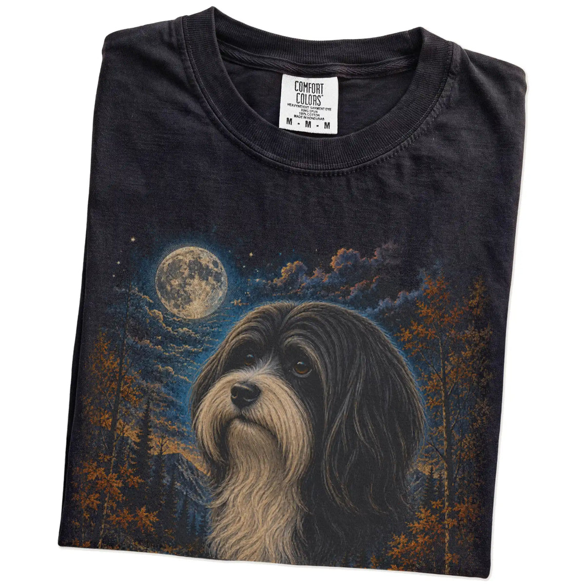 Folded black T-shirt with Havanese Autumn Moon artwork.