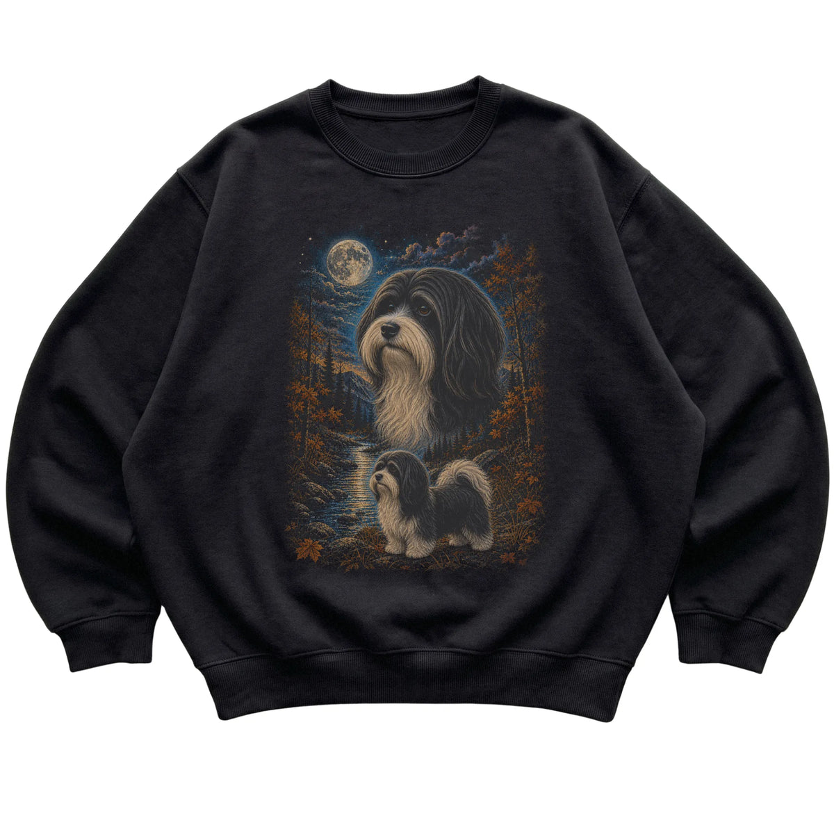 black sweatshirt with Havanese Autumn Moon artwork.