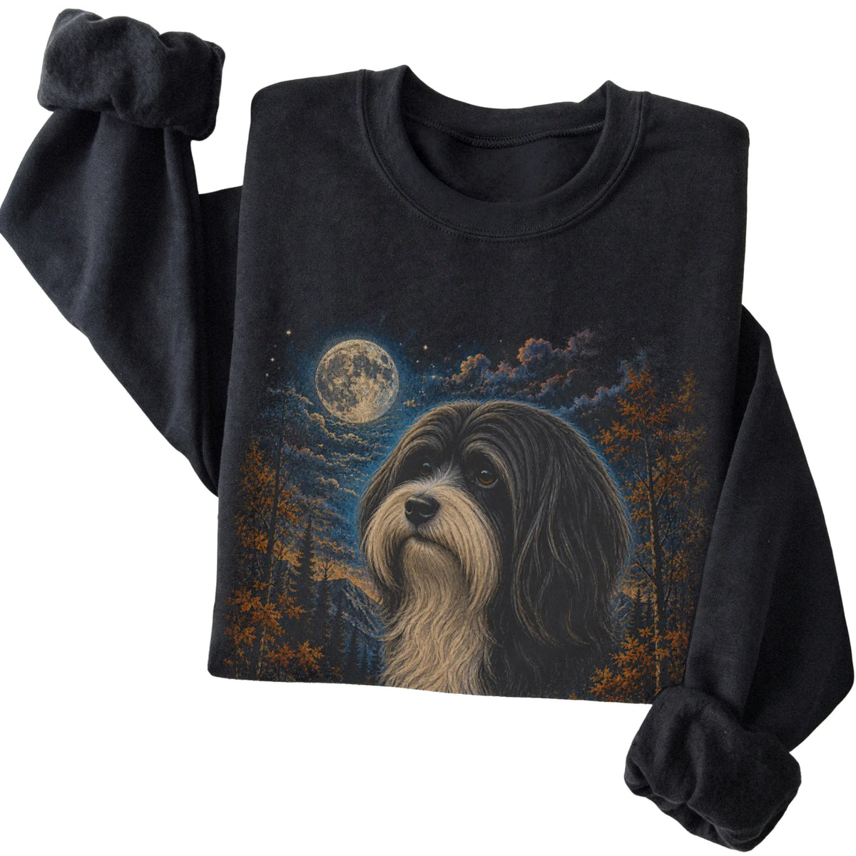 Folded black sweatshirt with Havanese Autumn Moon artwork.