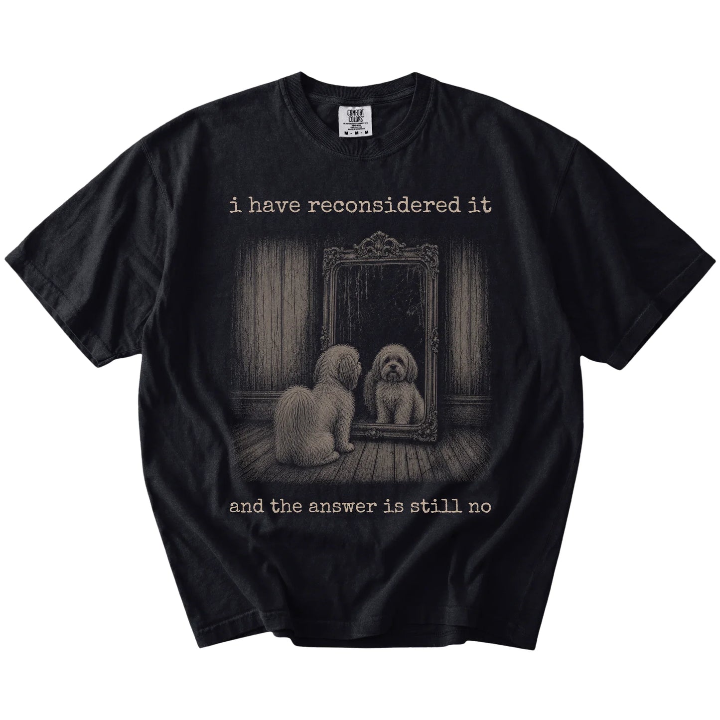 “The Answer Is Still No” Havanese design on a Black Comfort Colors® T-shirt
