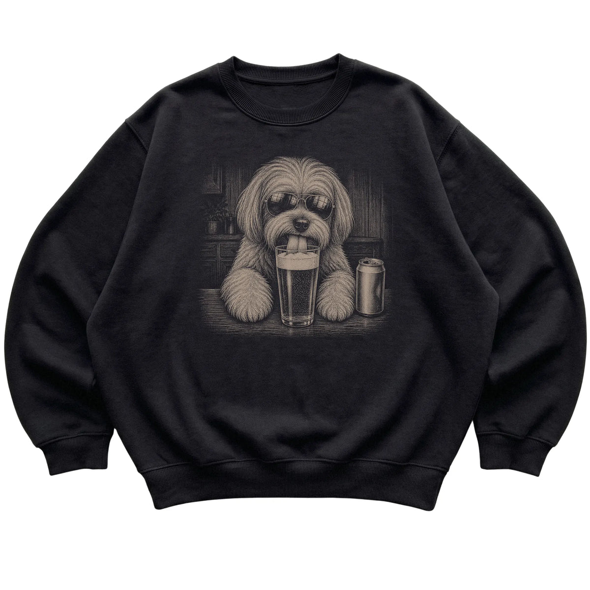 Black Havanese drinking from a pint at a bar, laid flat