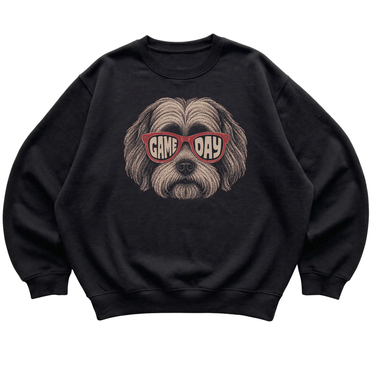 Black Havanese Game Day Sunglasses sweatshirt, laid flat