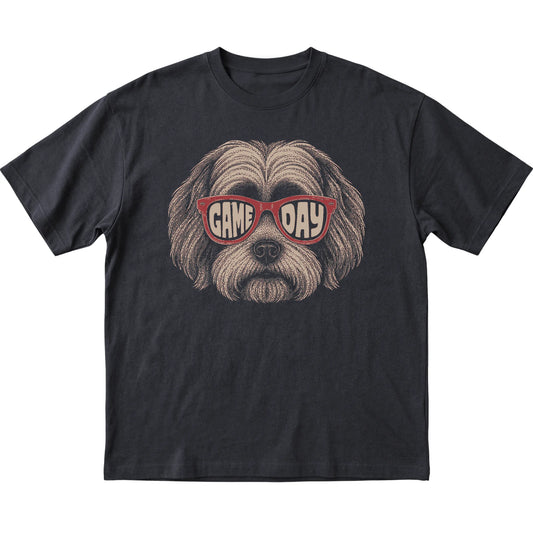 Black Havanese Game Day Sunglasses T-shirt, laid flat