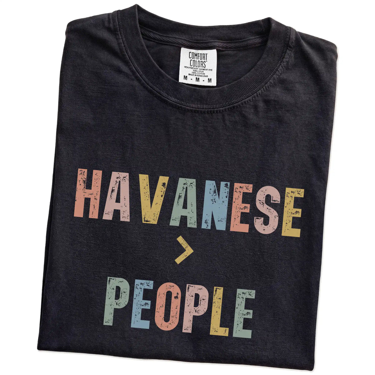 Folded Black Comfort Colors® T-shirt showing “Havanese > People” text