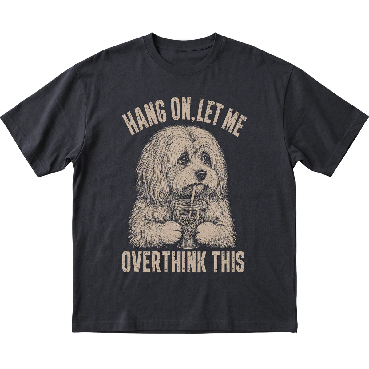 Black T-shirt featuring Overthinking Havanese, laid-flat presentation