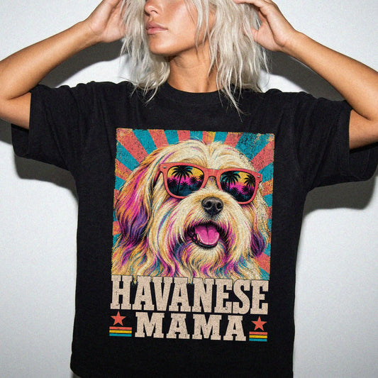 Retro Havanese Mama design on a Black Comfort Colors T-shirt worn by a model